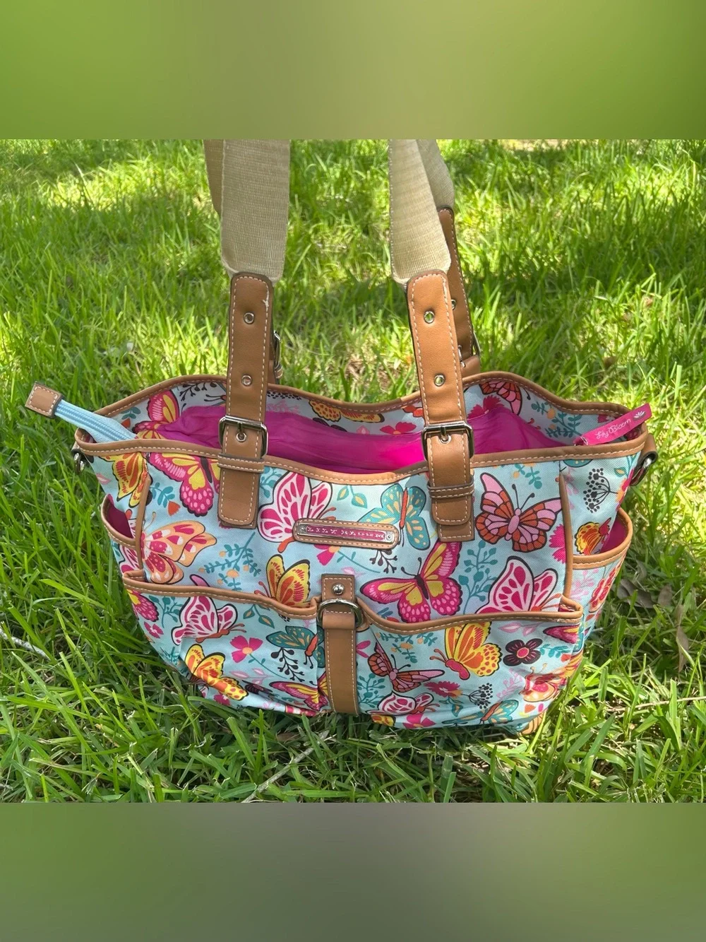 Lily Bloom Butterfly Print Tote in Blue, Pink & Tan